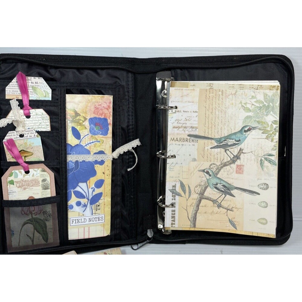 Handcrafted Altered Junk Journal Zipper Binder Dividers Blue Roses  8" X 11"
